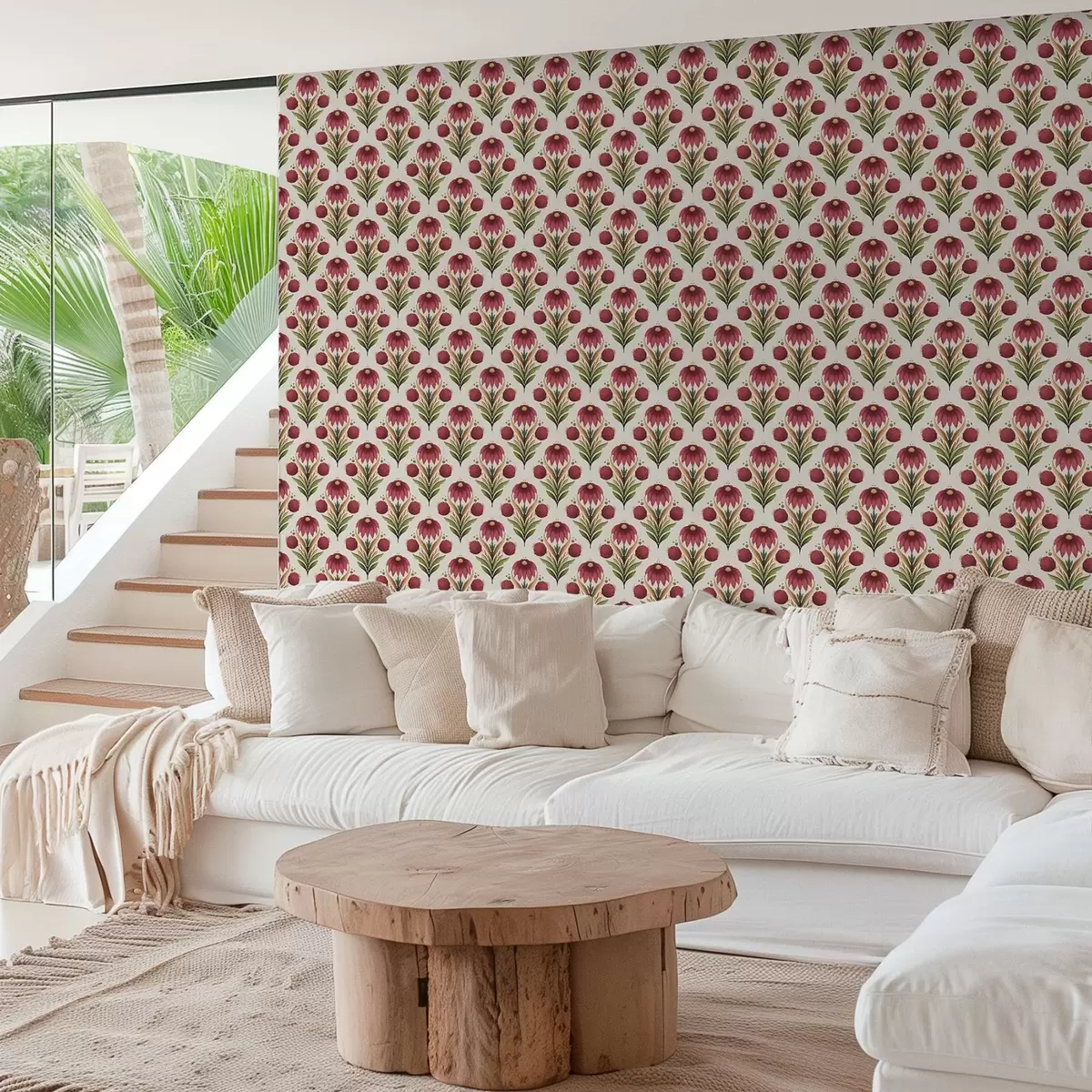 Papier peint Ornement floral symétrique dans des tons riches rouge-vert a00812v4