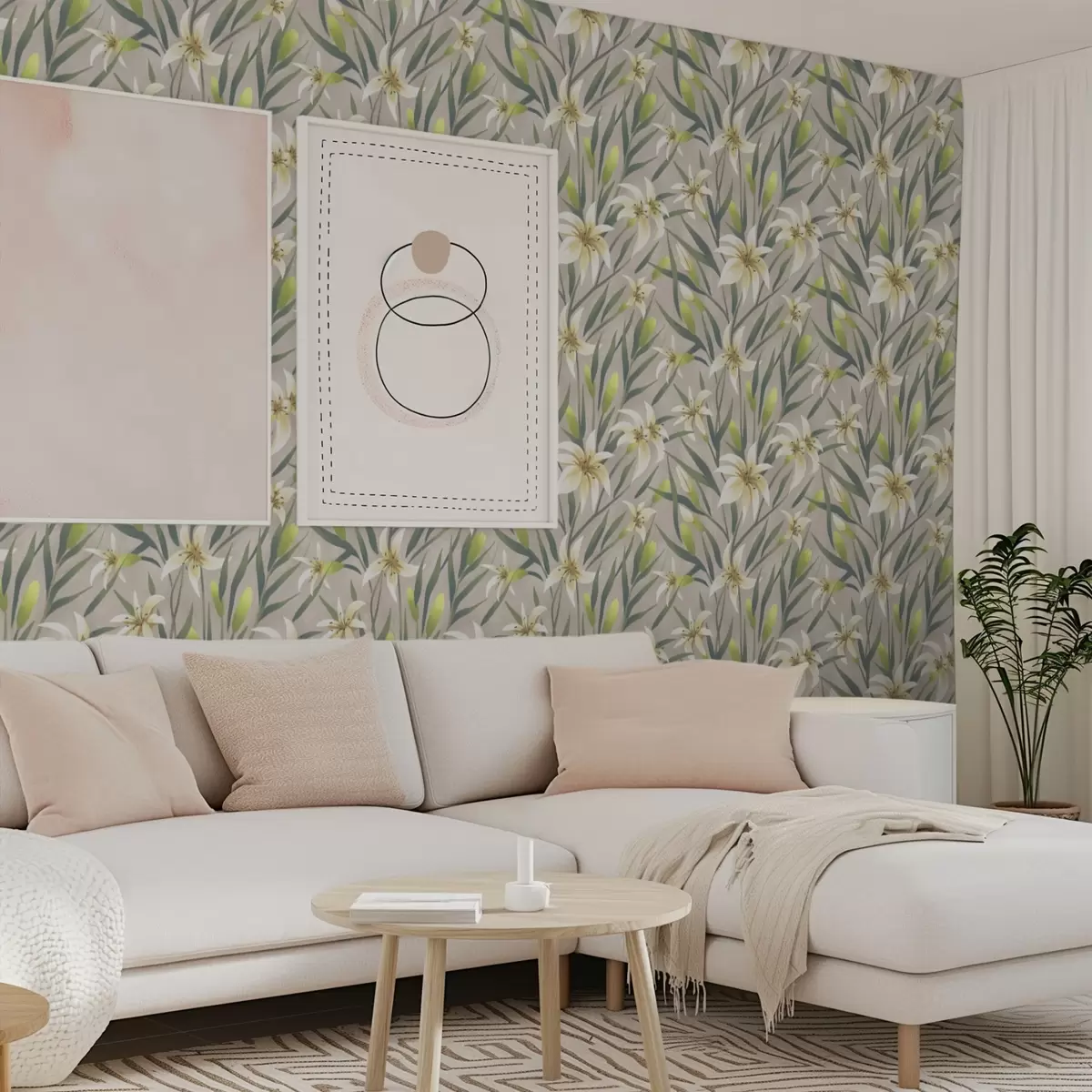 Behang Crèmekleurige lelies met bladeren op een grijsbeige achtergrond a00837