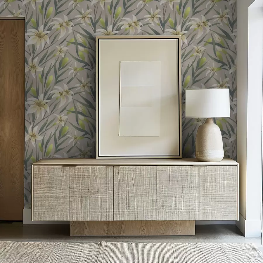 Papier peint photo Lys crème avec feuilles sur fond gris-beige a00837