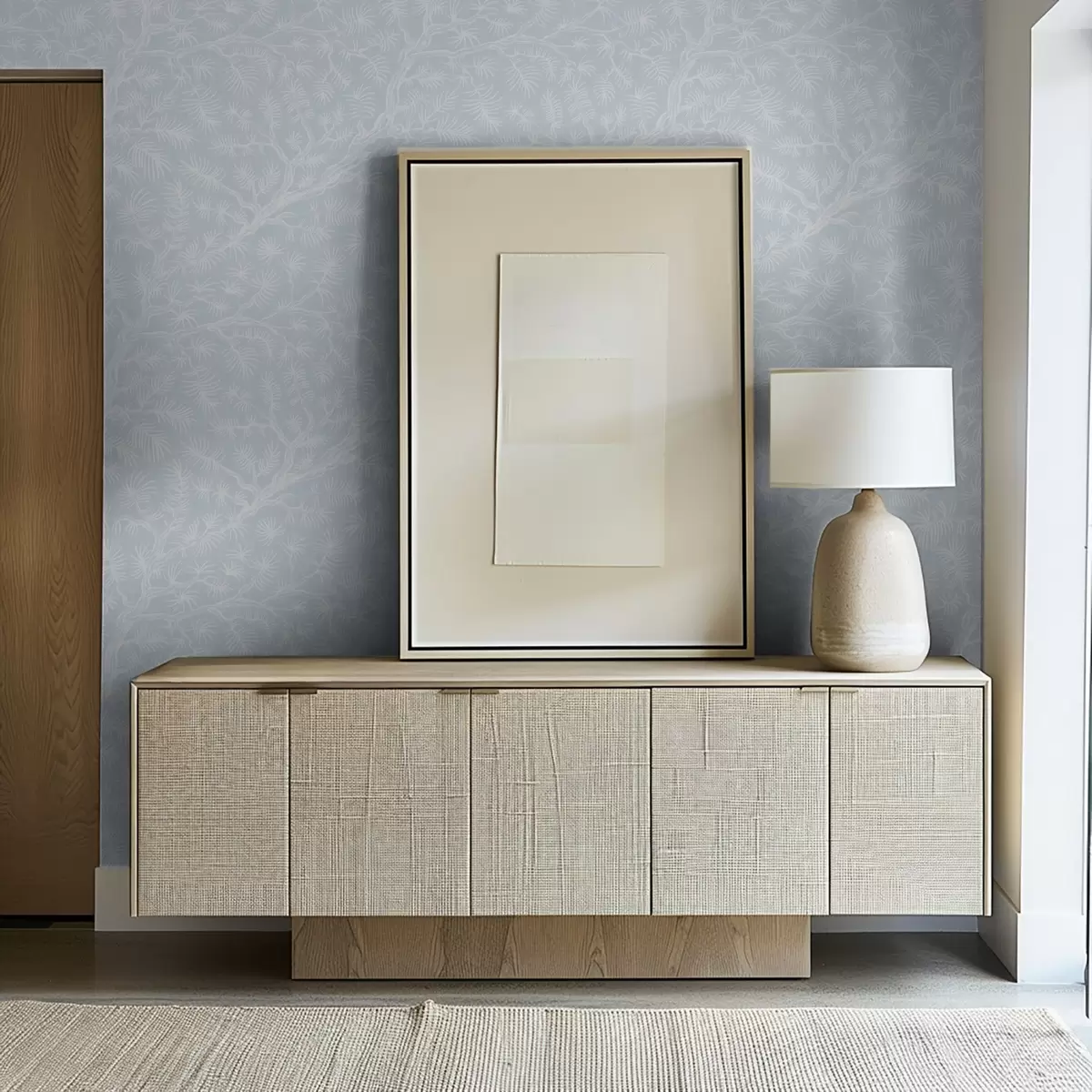 Behang Pijnboomtakken in lichte tinten op blauwe achtergrond a00838