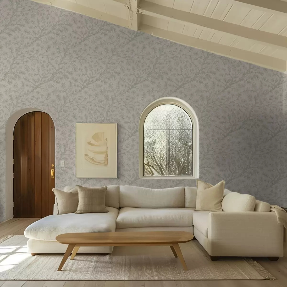 Papier peint Branches de pin dans des tons vert clair sur fond beige a00838v1