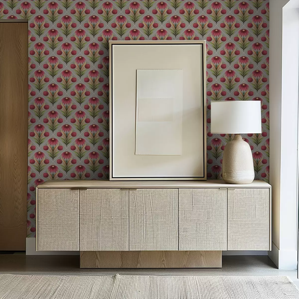 Behang Symmetrisch bloemenornament op grijze achtergrond met diagonalen a00869