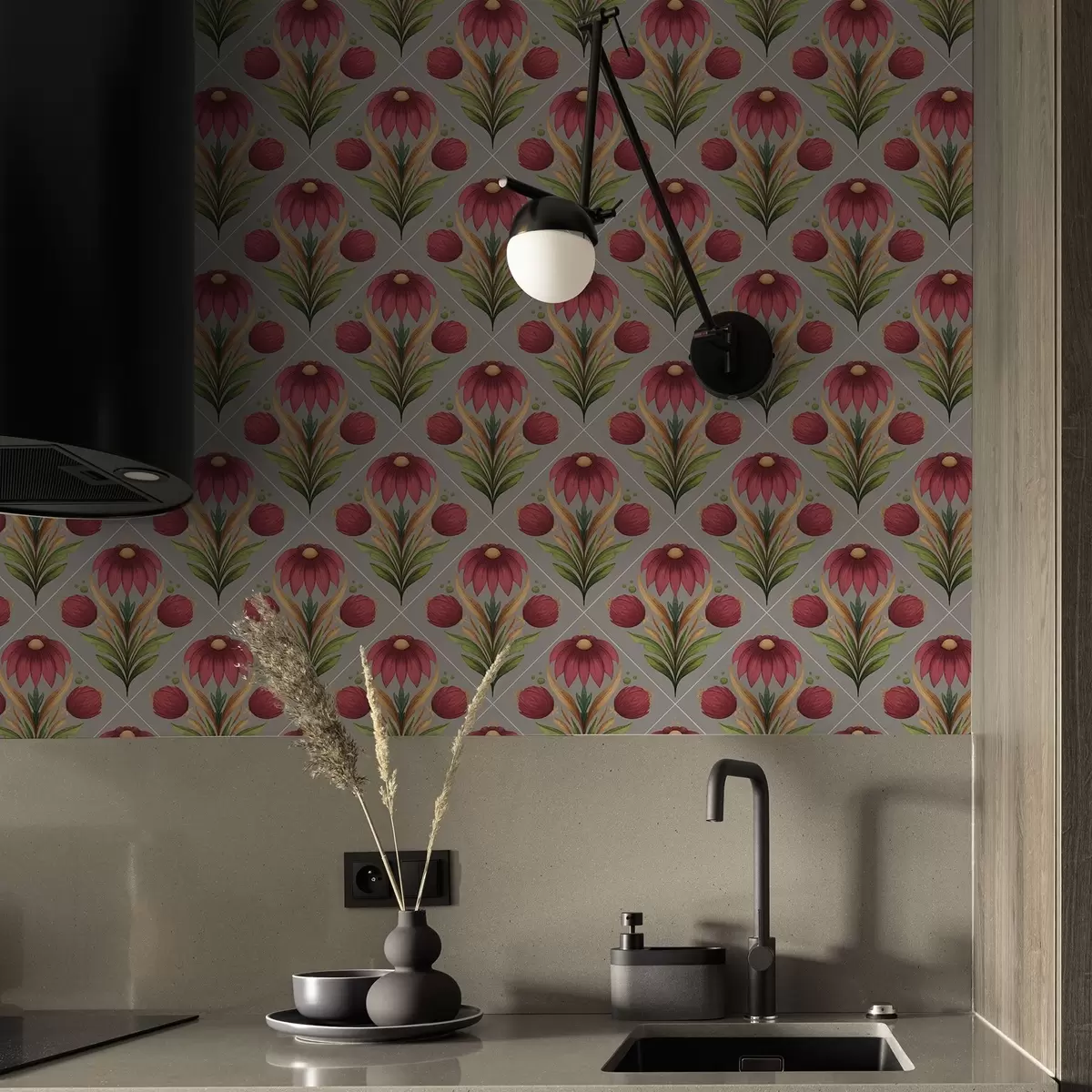 Behang Symmetrisch bloemenornament op grijze achtergrond met diagonalen a00869