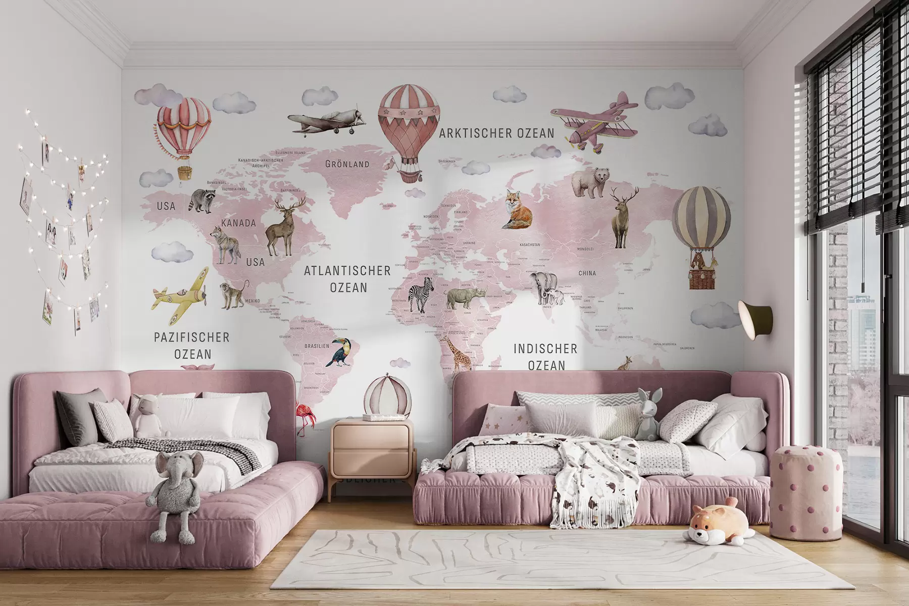 Fotobehang Waterverfachtige kaart voor kinderen met dieren en heteluchtballonnen. Duitse taal. Roze kleur. c00001dev3