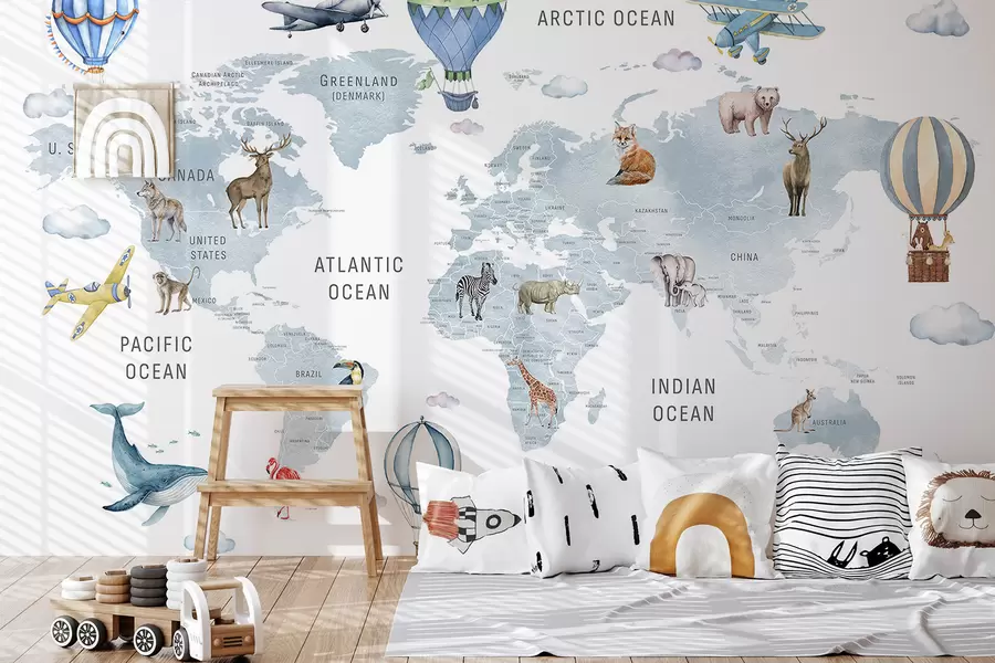 Fotobehang Kinderkaart in aquarelstijl met dieren en heteluchtballonnen. Engelse taal. Blauwe kleur. c00001env1