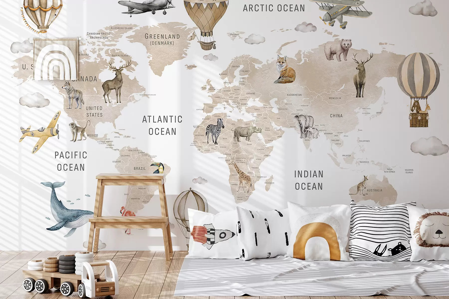 Fotobehang Waterverfachtige kaart voor kinderen met dieren en heteluchtballonnen. Engelse taal. Beige kleur. c00001env2