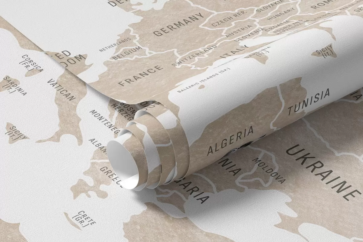 Fotobehang Kinderkaart in aquarelstijl met dieren en heteluchtballonnen. Engelse taal. Beige kleur. c00001env2