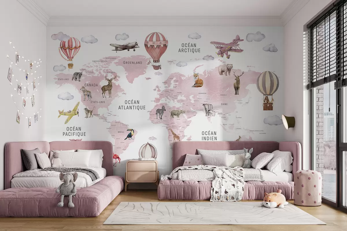 Fotobehang Kinderkaart in aquarelstijl met dieren en heteluchtballonnen. Franse taal. Roze kleur. c00001frv3