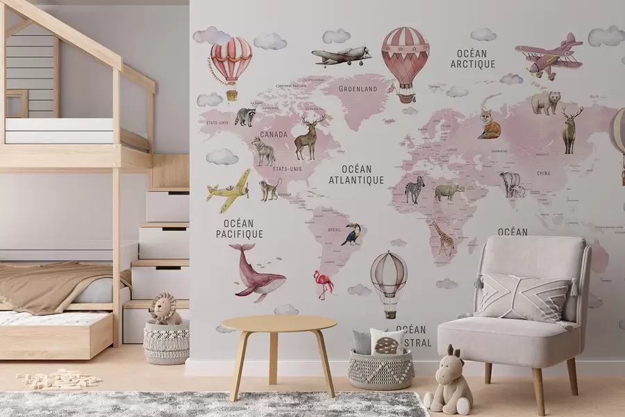 Fotobehang Waterverfachtige kaart voor kinderen met dieren en heteluchtballonnen. Franse taal. Roze kleur. c00001frv3