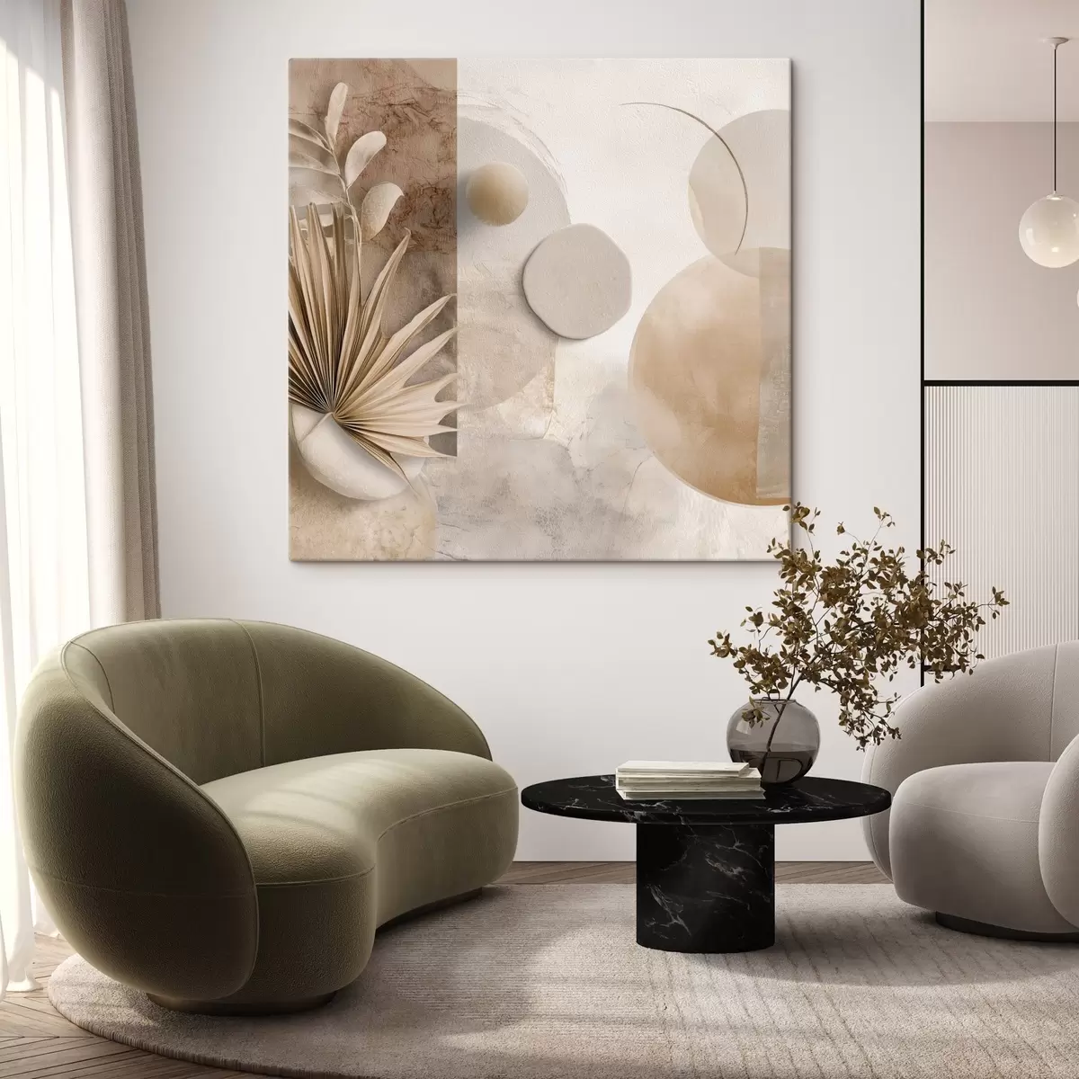  Schilderijen Gedroogde palmbladeren en 3D-cirkels in beige tinten s46310