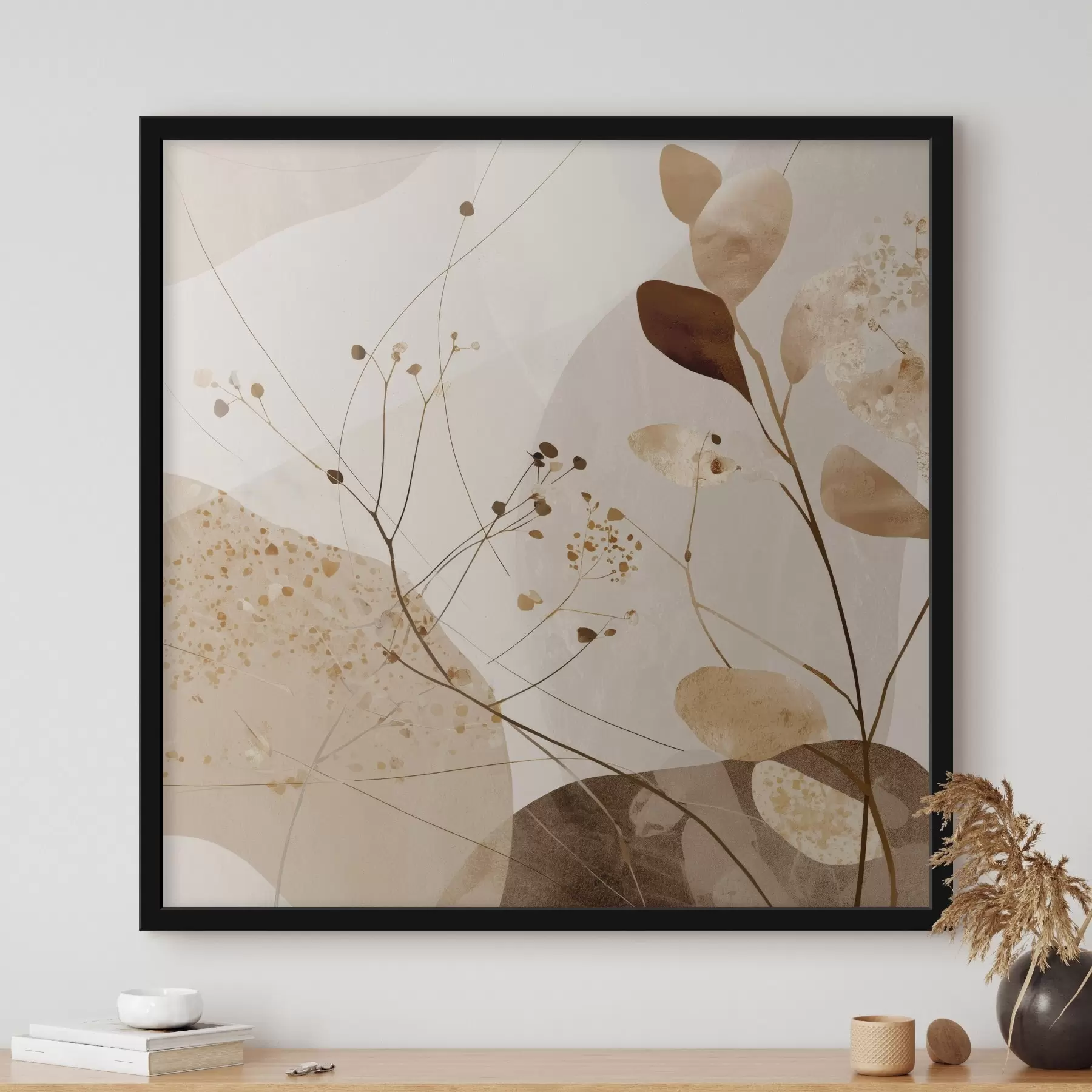 Fotobehang Abstracte vormen en plantmotieven in beige tinten f46309