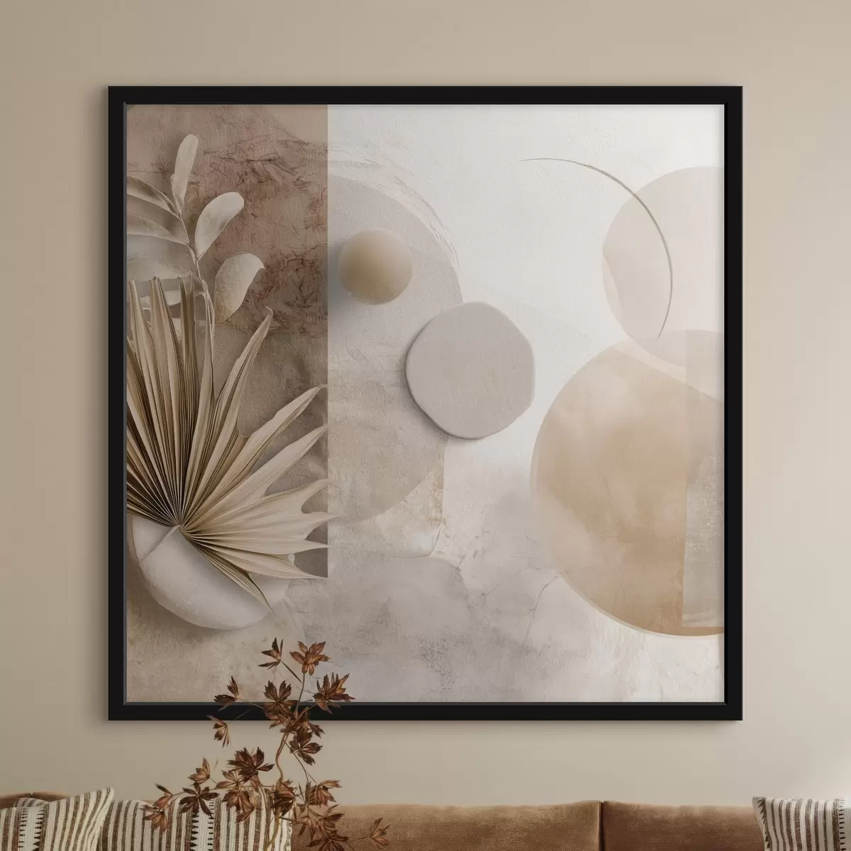 Poster Gedroogde palmbladeren en 3D-cirkels in beige tinten f46310