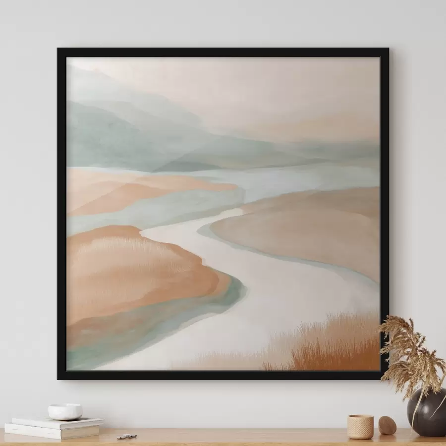 Fotobehang Abstract landschap met een rivier in oranje en groen f46316