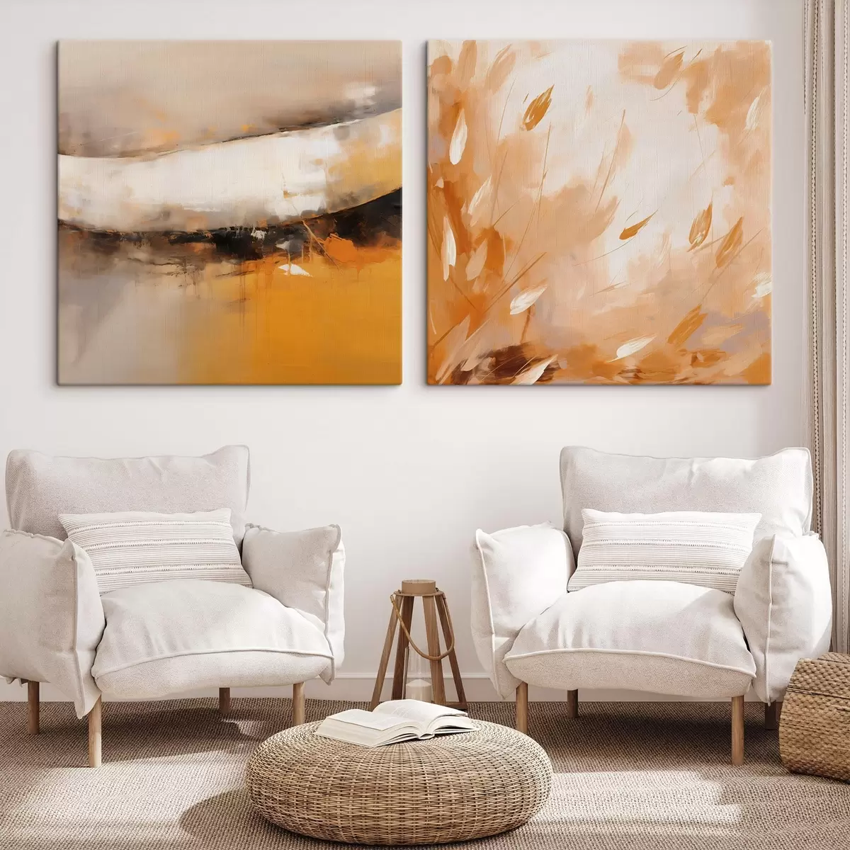  Peintures Diptyque abstrait dans un style huileux avec des tons jaune-orange et noir m00897