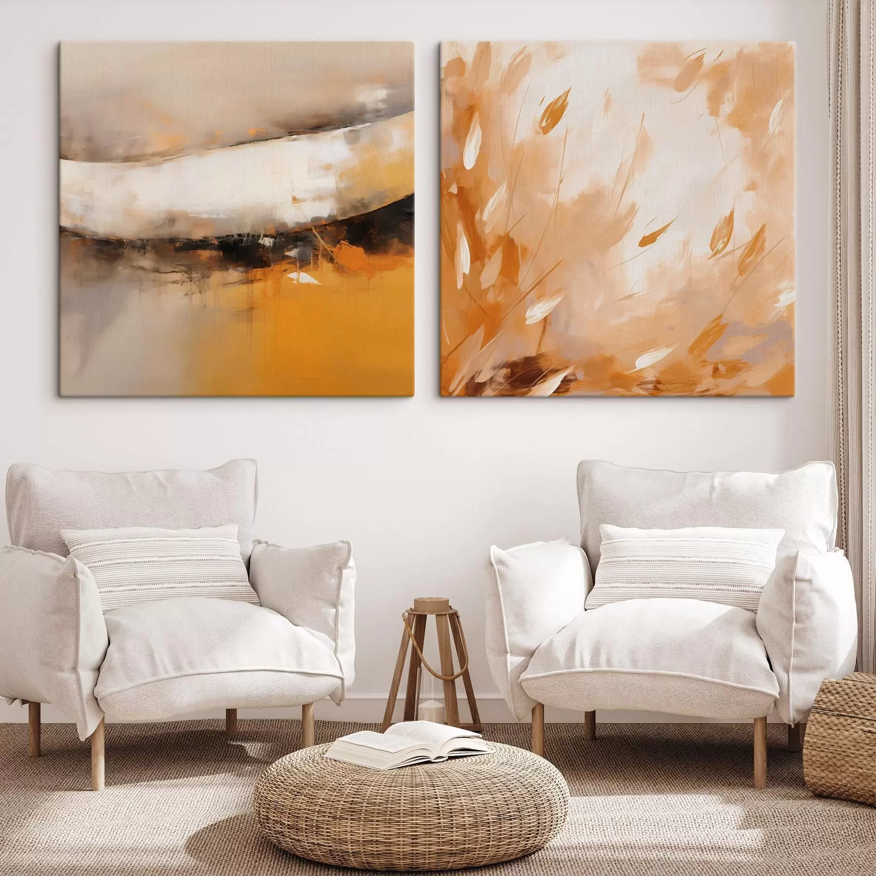  Schilderijen Abstract tweeluik in olieverfstijl met geeloranje en zwarte tinten m00897