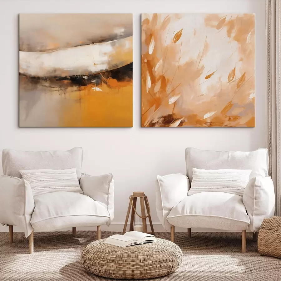  Peintures Diptyque abstrait dans un style huileux avec des tons jaune-orange et noir m00897