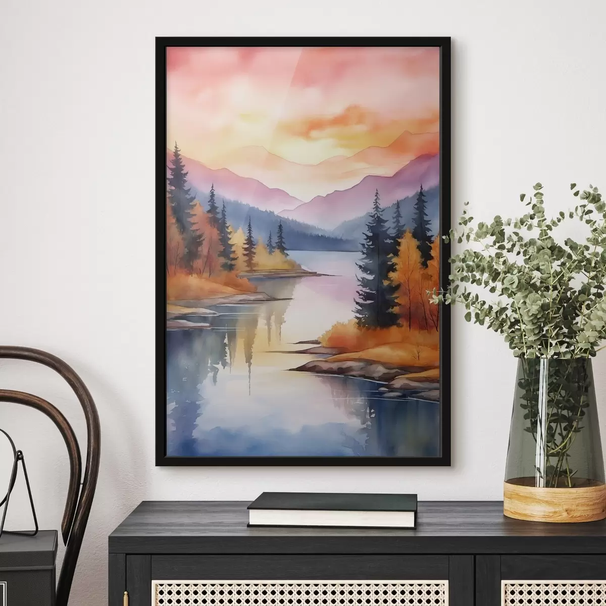 Poster Herfstlandschap aan het meer met een heldere lucht f46155