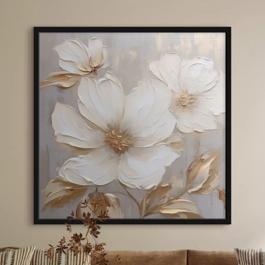 Fotobehang Grote bloemen met textuur en verfstreken in warme kleuren f46176