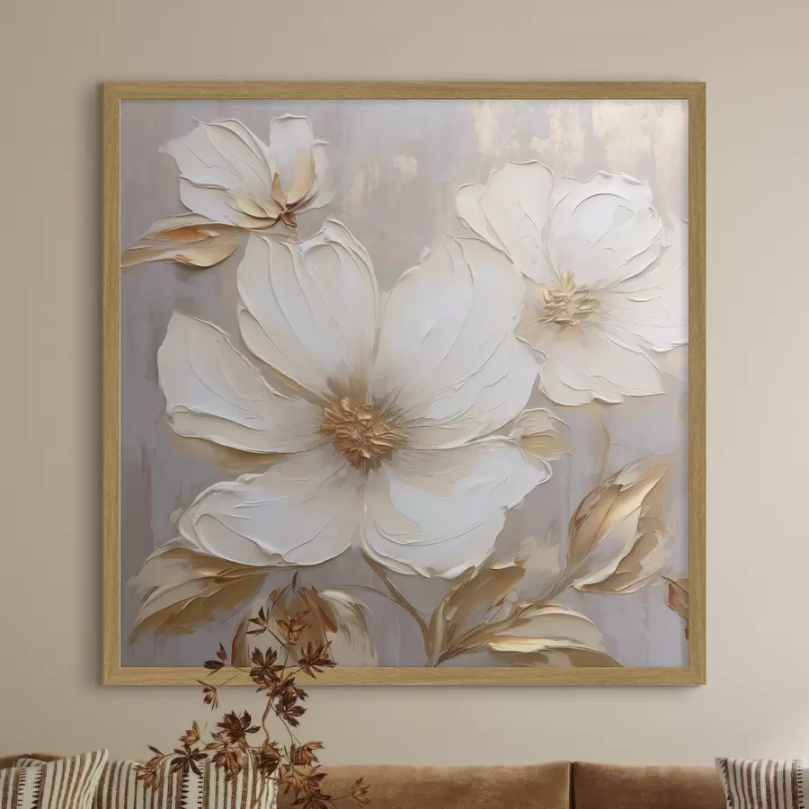 Papier peint photo Grandes fleurs texturées avec des coups de pinceau dans une palette de couleurs chaudes f46176