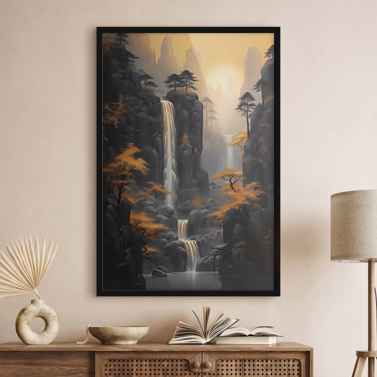 Affiche Paysage rocheux avec une cascade dans les tons chauds du coucher de soleil f46177