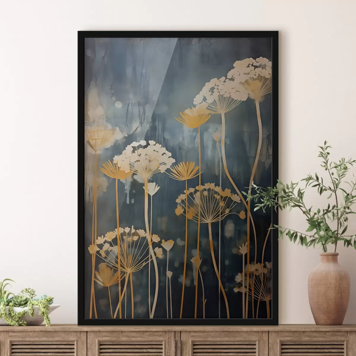 Affiche Fleurs stylisées aux tiges fines sur fond sombre f46188