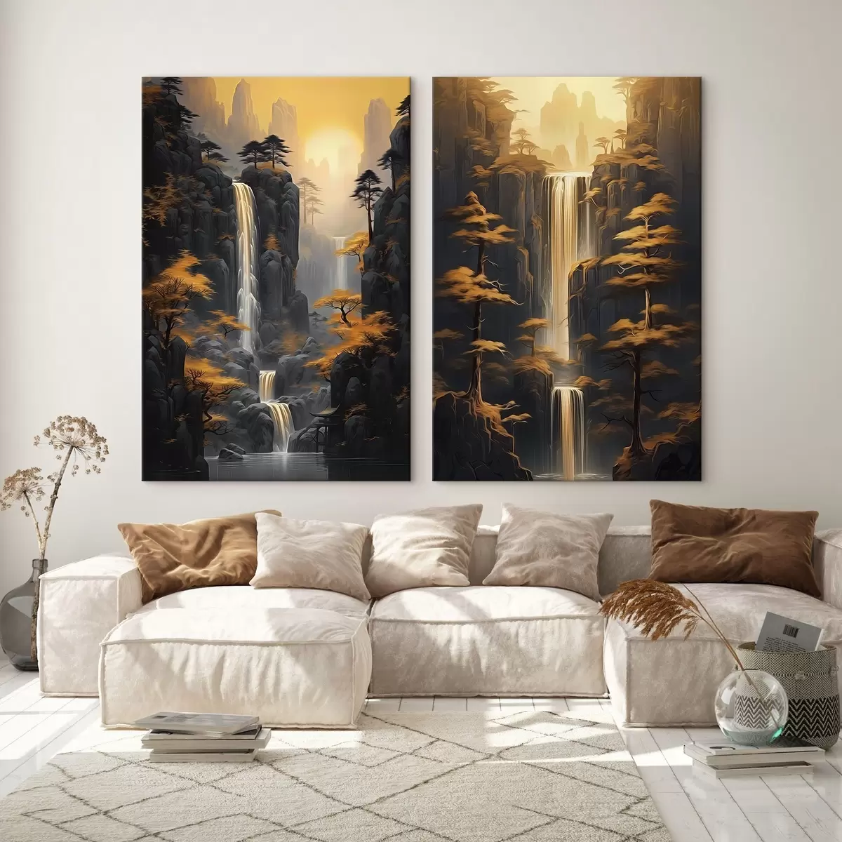  Peintures Paysage avec cascade et montagnes baignés d'une lumière dorée m00928