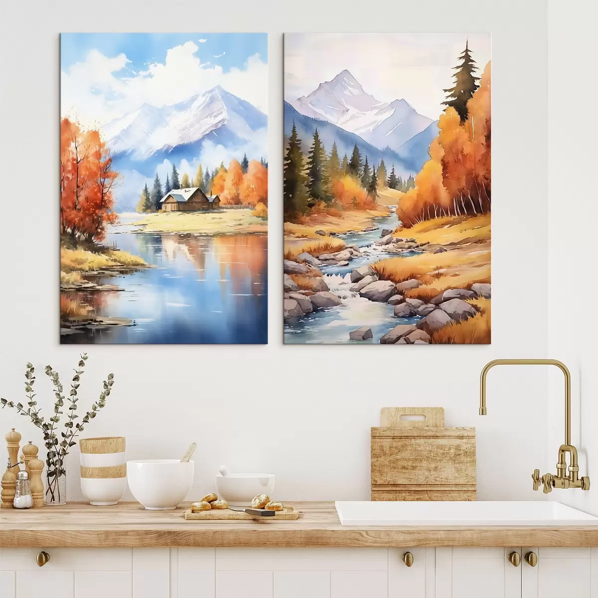  Schilderijen Herfstberglandschap met meer en rivier m00929