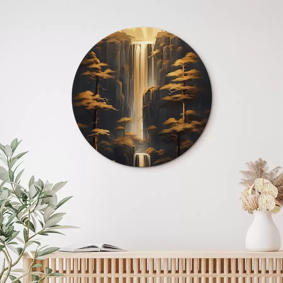  Peintures Hautes falaises avec une cascade et des pins dans la lumière du soir r46151