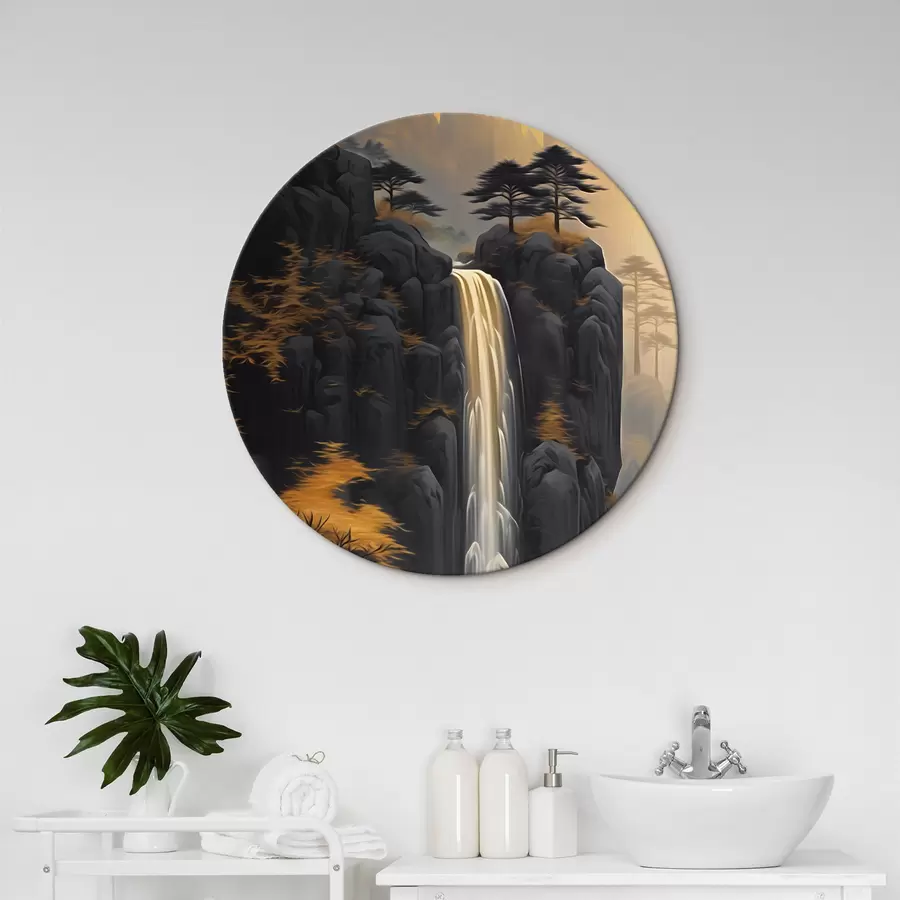  Schilderijen Rotsachtig landschap met een waterval in warme zonsondergangtinten r46177