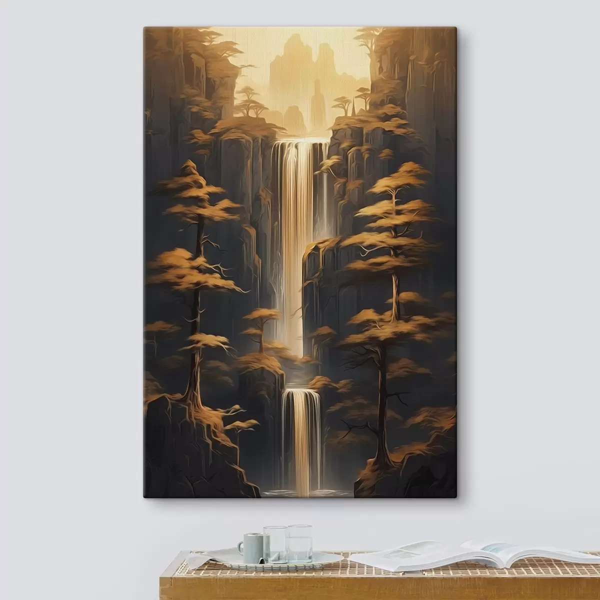  Schilderijen Hoge kliffen met een waterval en dennenbomen in het avondlicht s46151