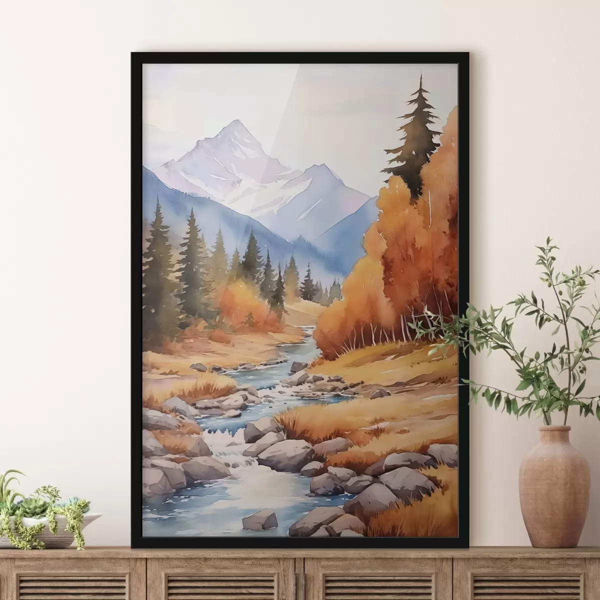 Affiche Paysage montagneux automnal avec une rivière et une forêt aux couleurs vives f46187