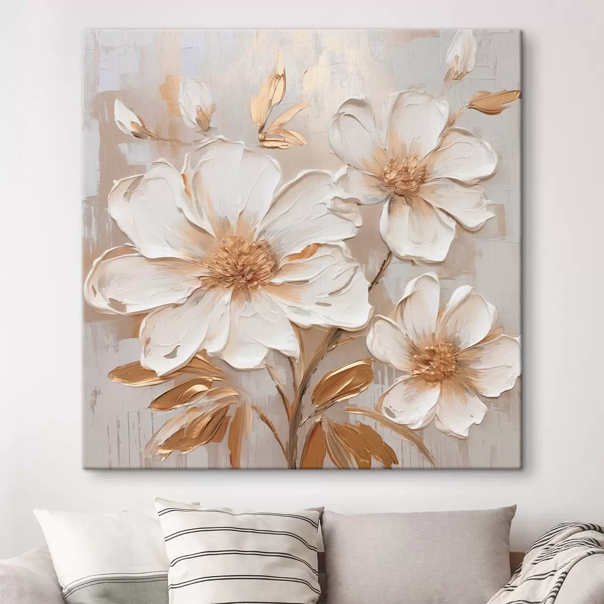  Peintures Fleurs texturées sur fond clair aux nuances chaudes s46166