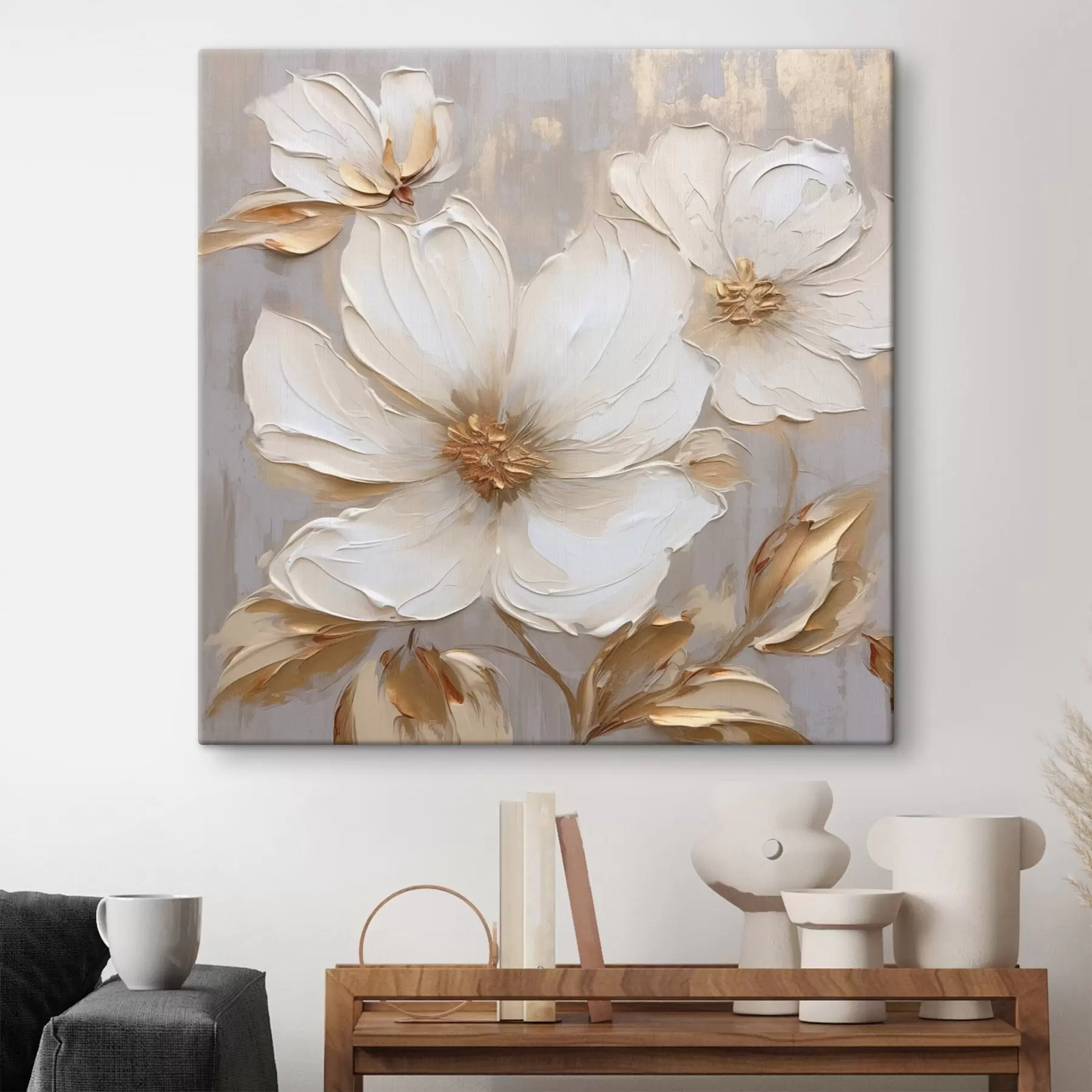  Schilderijen Grote bloemen met textuur en verfstreken in warme kleuren s46176