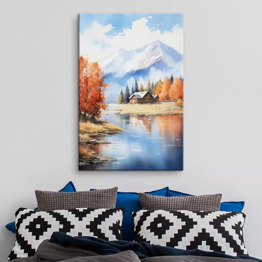  Peintures Paysage automnal au bord d'un lac avec une maison et des montagnes s46184