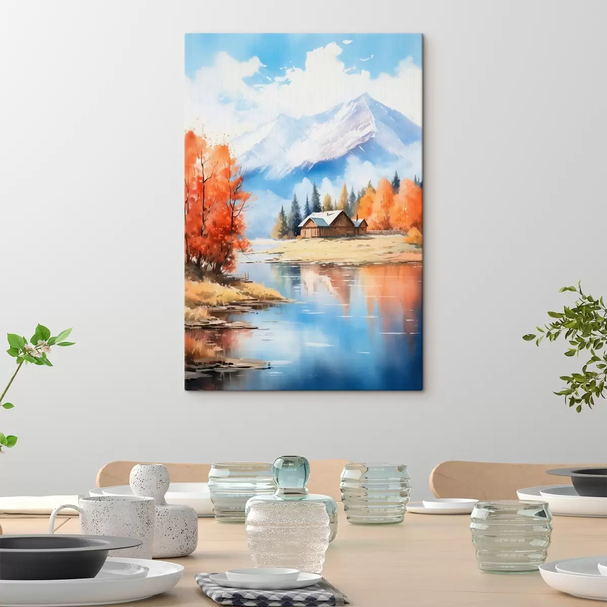  Schilderijen Herfstlandschap aan het meer met een huis en bergen s46184