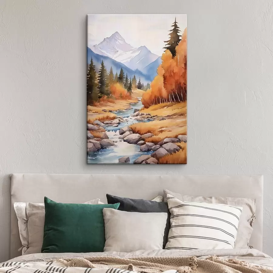 Schilderijen Herfstberglandschap met een rivier en een levendig bos s46187