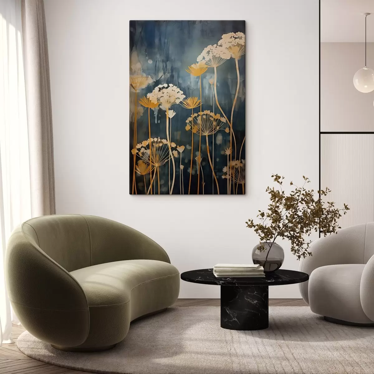  Schilderijen Gestileerde bloemen met dunne stelen op een donkere achtergrond s46188