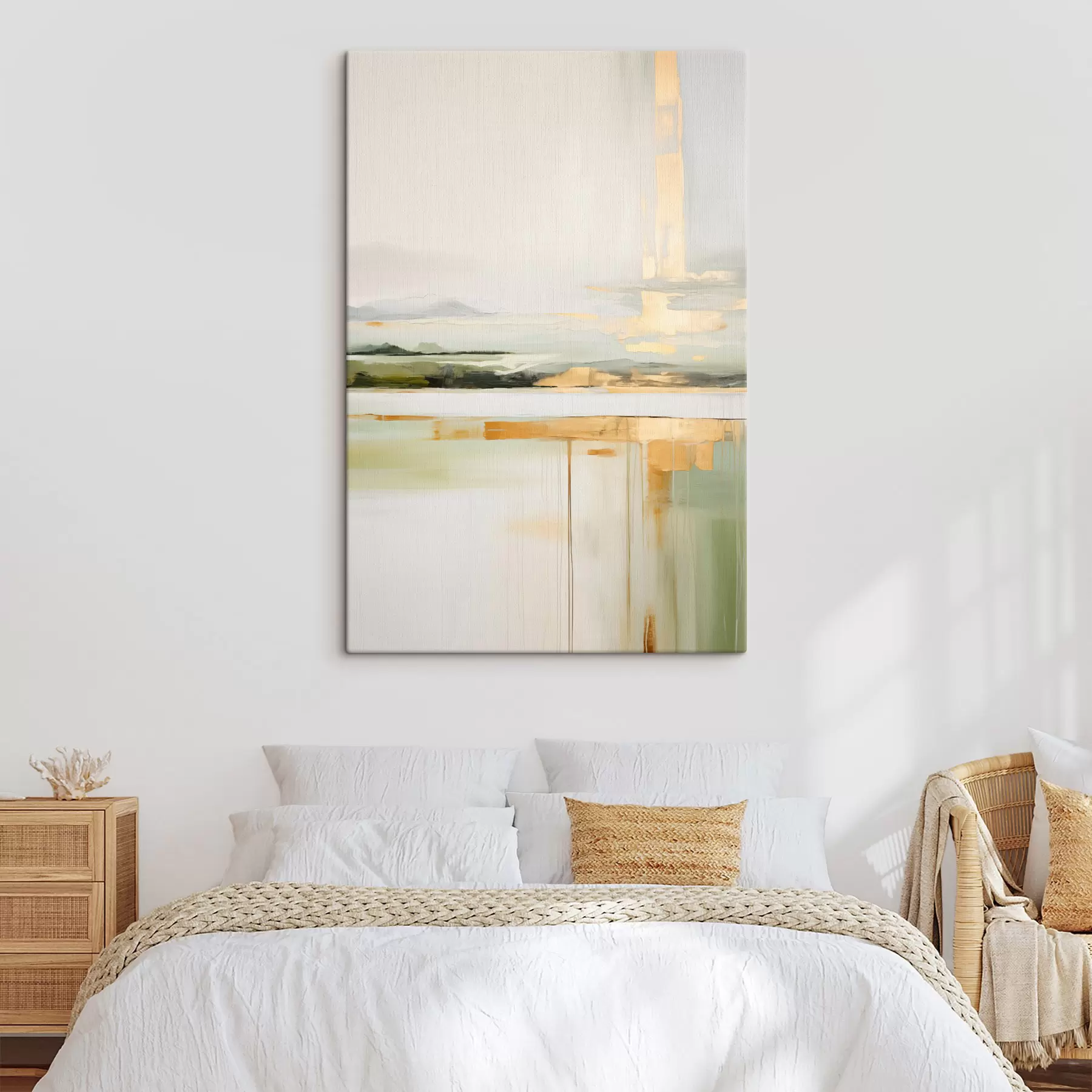  Peintures Paysage abstrait avec des accents jaunes, une composition minimaliste de terre, d'eau et de ciel, avec des couleurs douces s46268