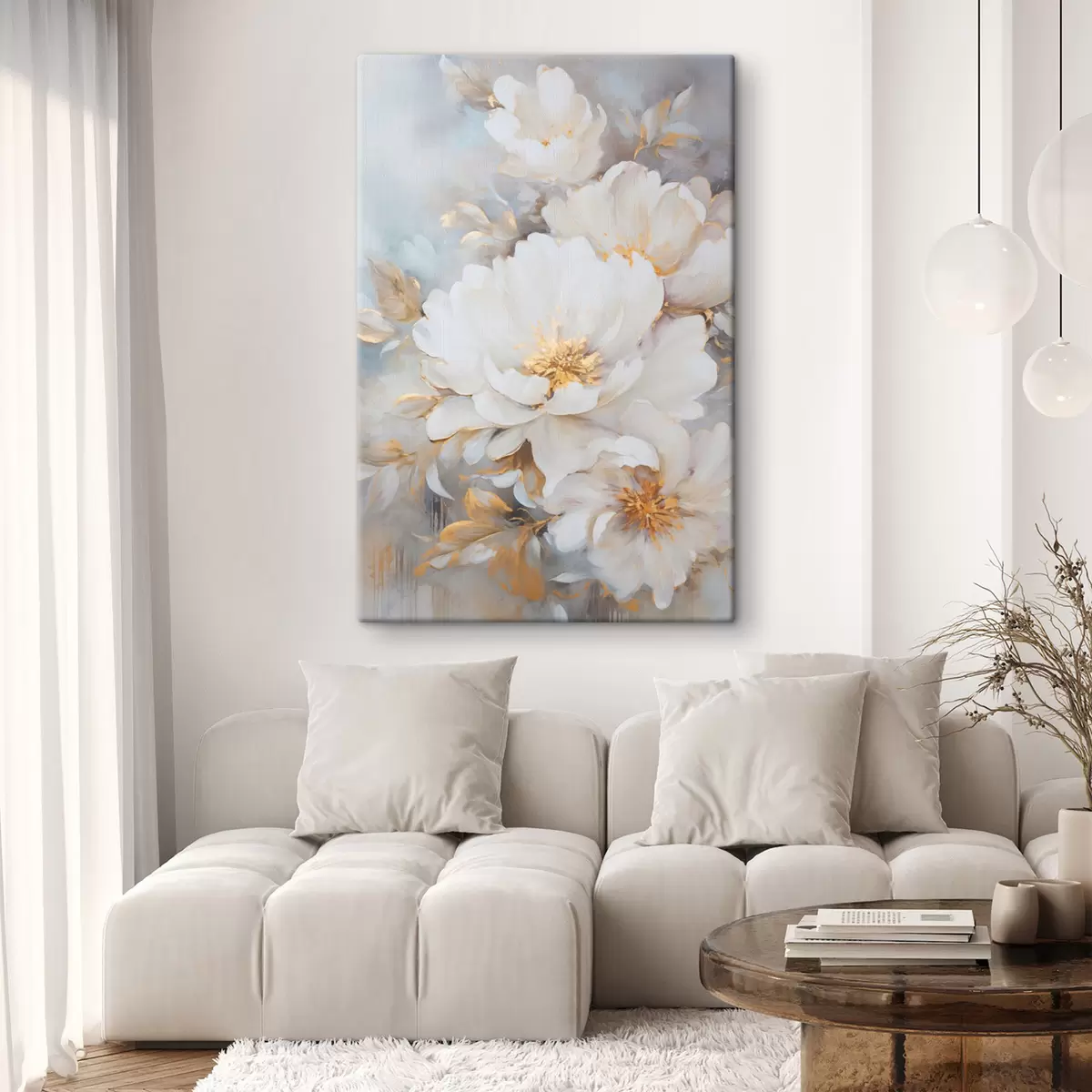  Peintures Pivoines blanches avec centre et feuilles jaunes, coups de pinceau doux, fond bleu clair, composition florale s46271