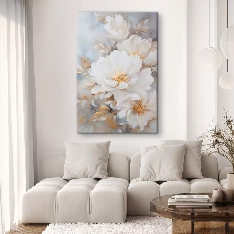  Peintures Pivoines blanches avec centre et feuilles jaunes, coups de pinceau doux, fond bleu clair, composition florale s46271