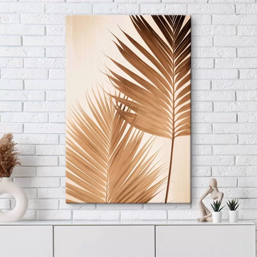  Schilderijen Palmbladeren in bruine tinten, neutrale achtergrond, minimalistische stijl, natuurlijke belichting, tropische sfeer s46274