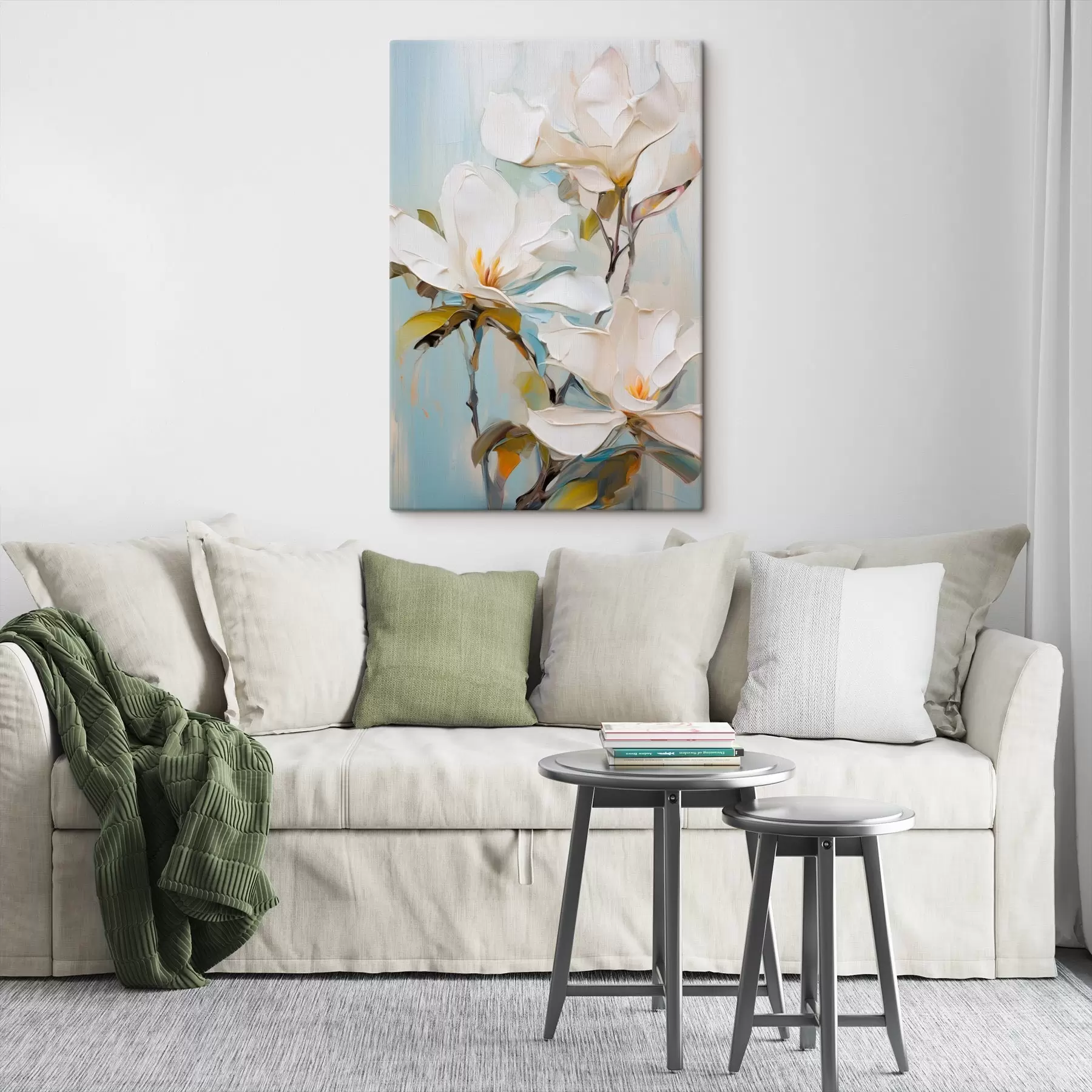 Peintures Fleurs de magnolia blanches, fond bleu clair avec des coups de pinceau doux, style peinture à l'huile, texture impasto s46276