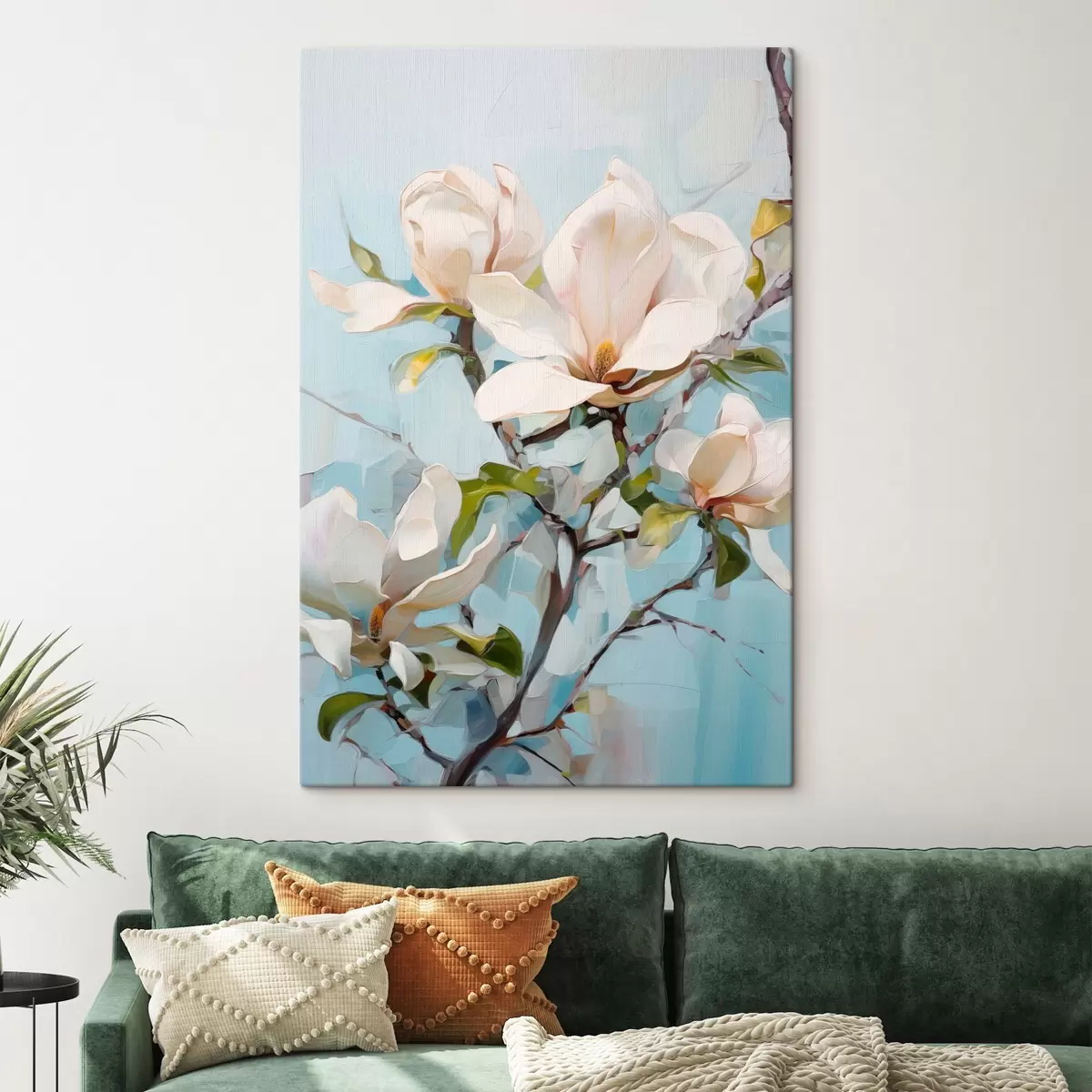  Schilderijen Witte magnoliabloemen, lichtblauwe achtergrond met zachte penseelstreken, olieverfstijl, impasto-textuur s46277