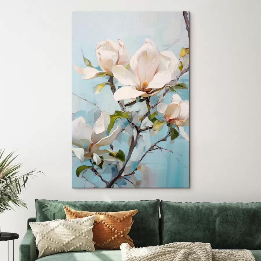  Schilderijen Witte magnoliabloemen, lichtblauwe achtergrond met zachte penseelstreken, olieverfstijl, impasto-textuur s46277