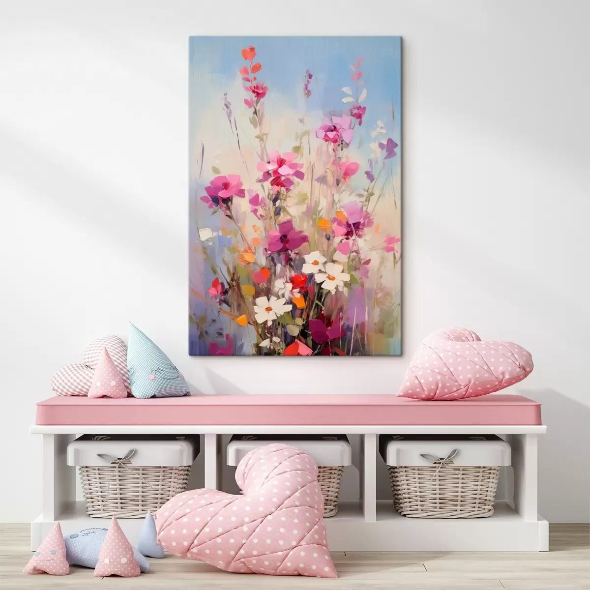  Peintures Des fleurs roses, blanches et vertes éclatantes sur un fond pastel doux s46278