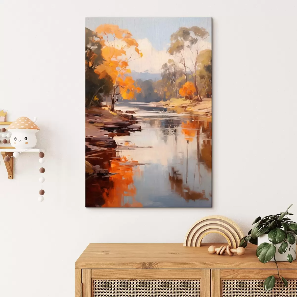  Peintures Paysage automnal, rivière bordée d'arbres, forêt en arrière-plan, reflets sur l'eau s46280