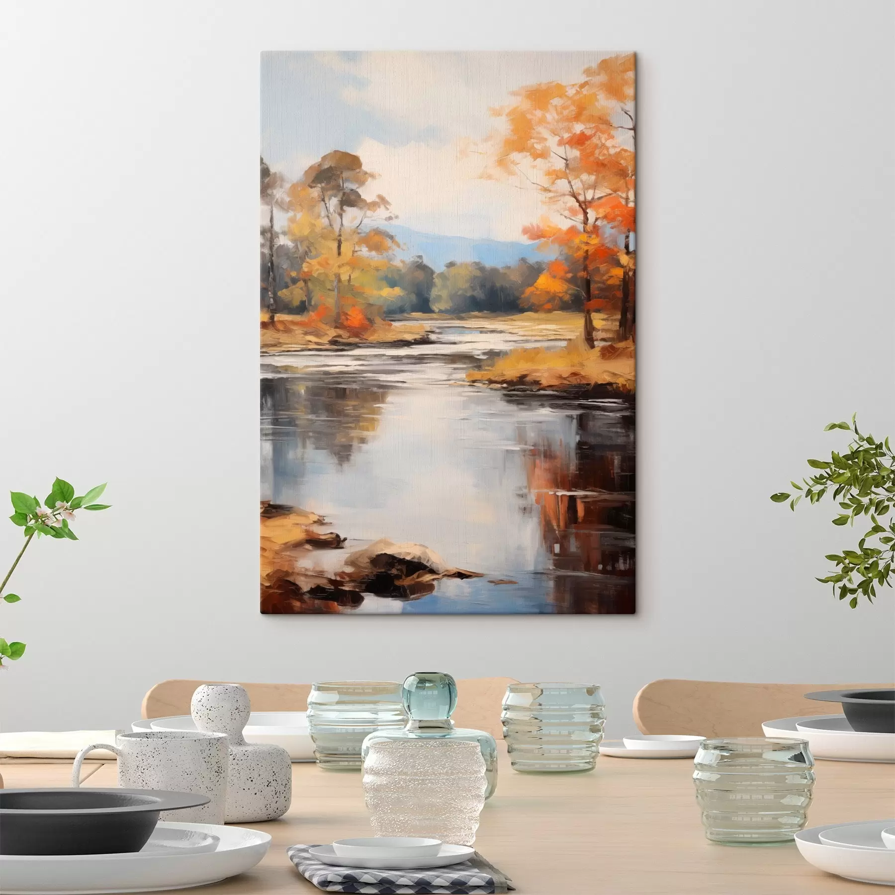  Peintures Paysage avec une rivière traversant une forêt en automne, arbres jaunes et orange, style pictural s46281