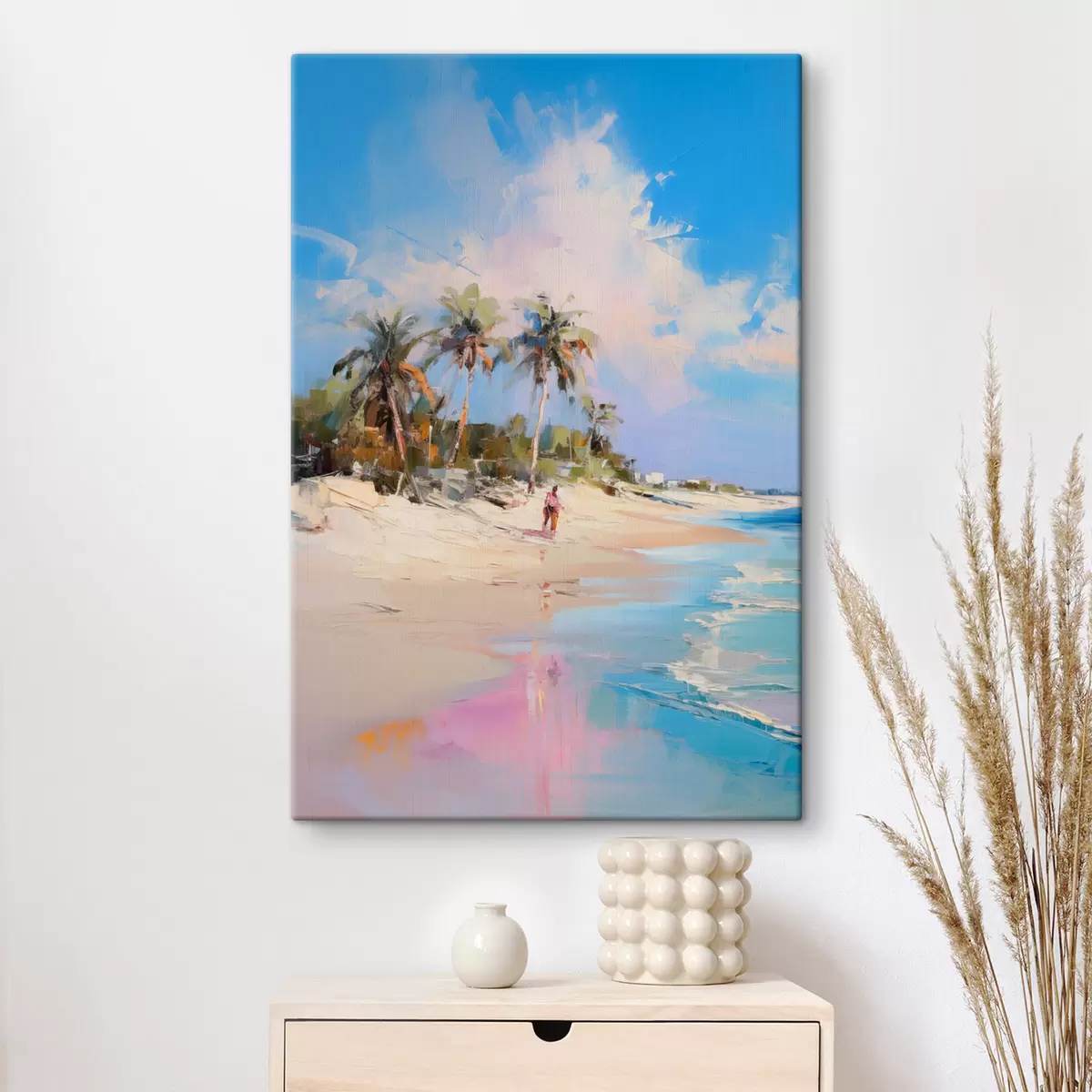  Peintures Paysage abstrait, une plage avec des palmiers, une journée ensoleillée avec un ciel bleu et quelques nuages s46284