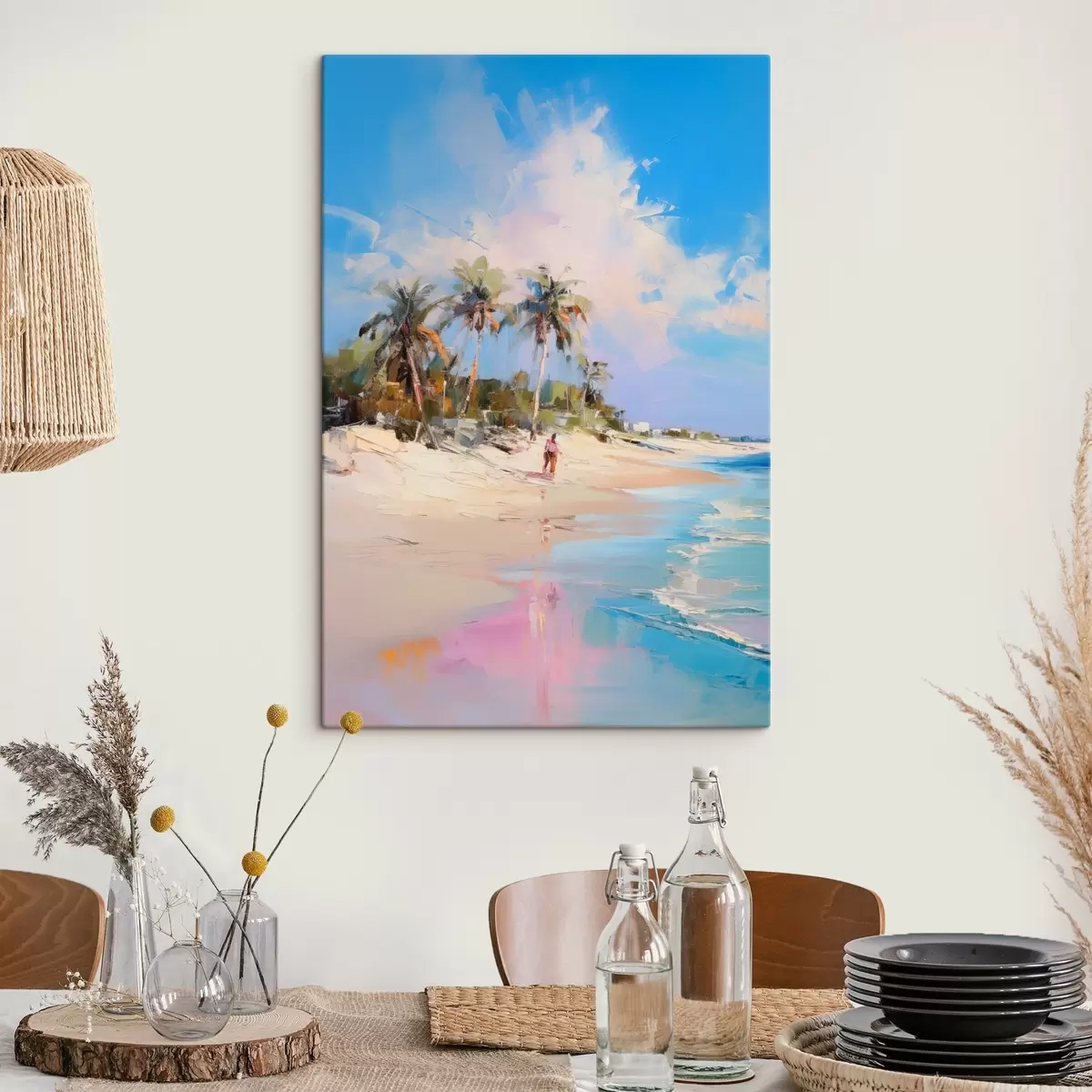  Schilderijen Abstract landschap, een strand met palmbomen, heldere zonnige dag met een blauwe lucht en enkele wolken s46284