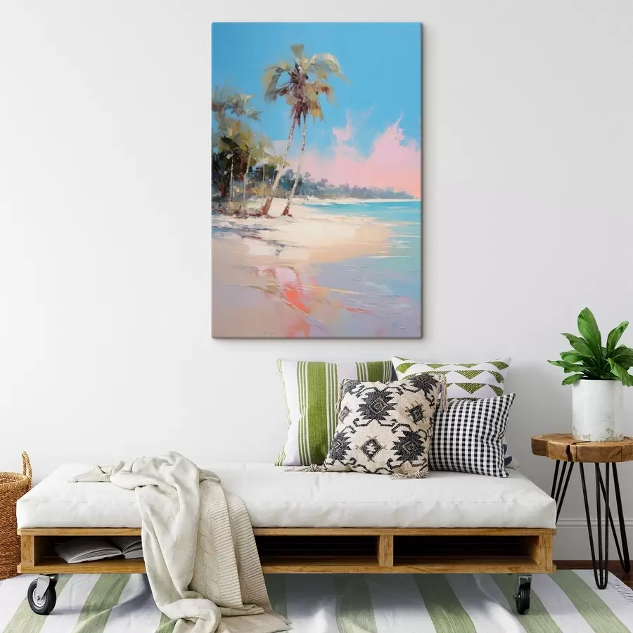  Schilderijen Abstract tropisch strand met wit zand en palmbomen, blauwe lucht met witte wolken s46285
